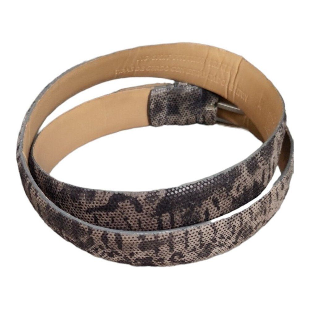 Leather Belt Python Print Tan/Beige Black Size M Leather Thin Belt Animal Print - Picture 3 of 8